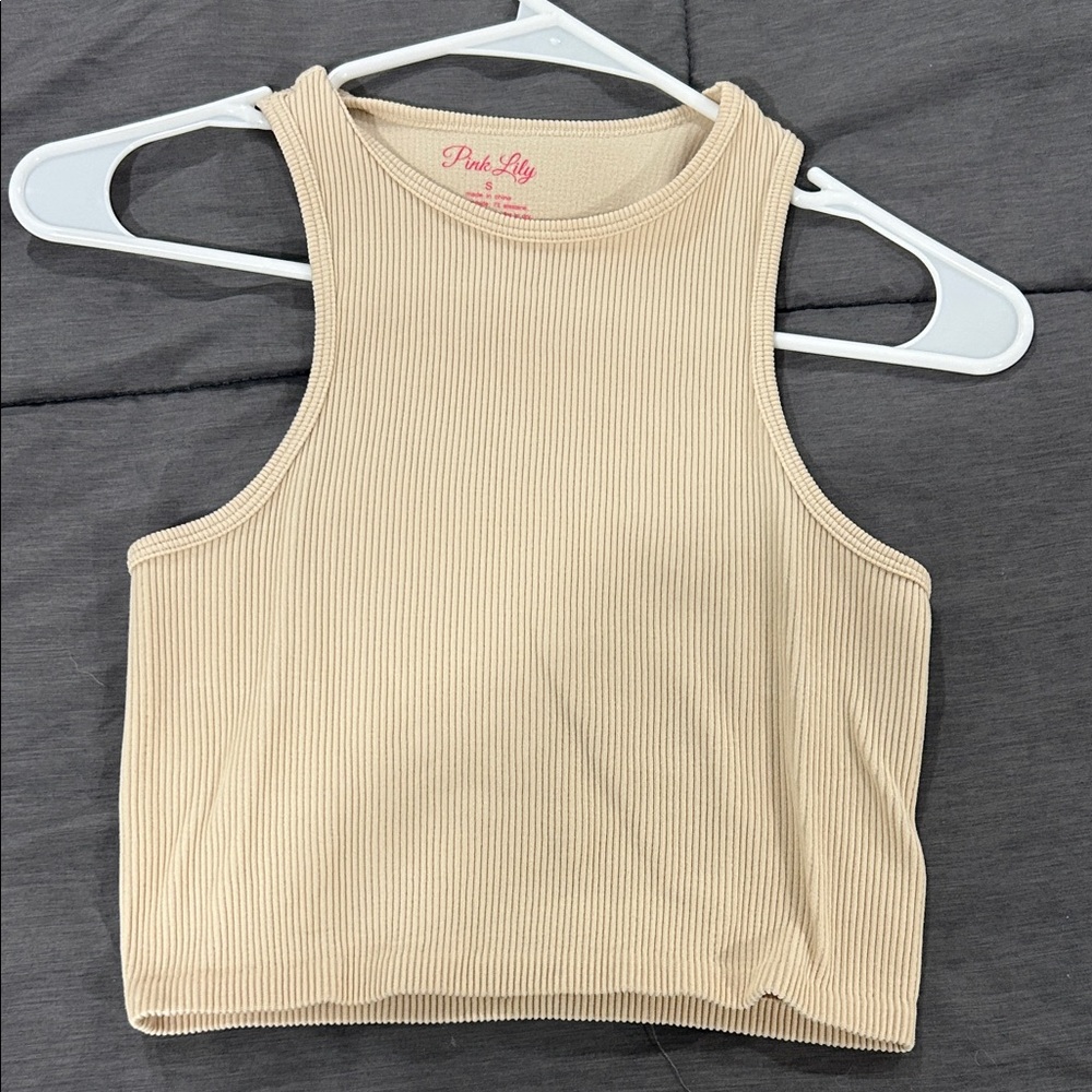 Pink Lily Beige/Cream Ribbed Crop Tank Top Small